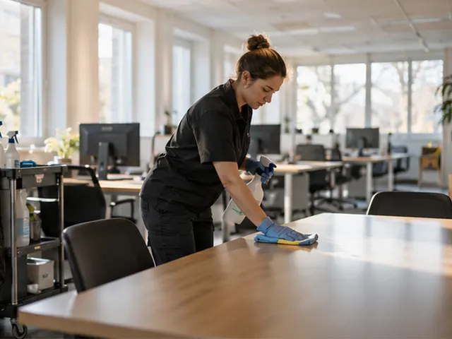 Cleaner wiping down a meeting table in a small office